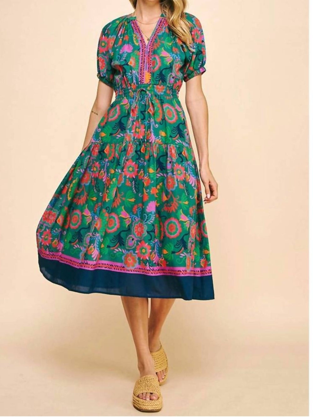 Pinch Boho Botanical Floral Tiered Midi Dress Green/Teal Multi Small